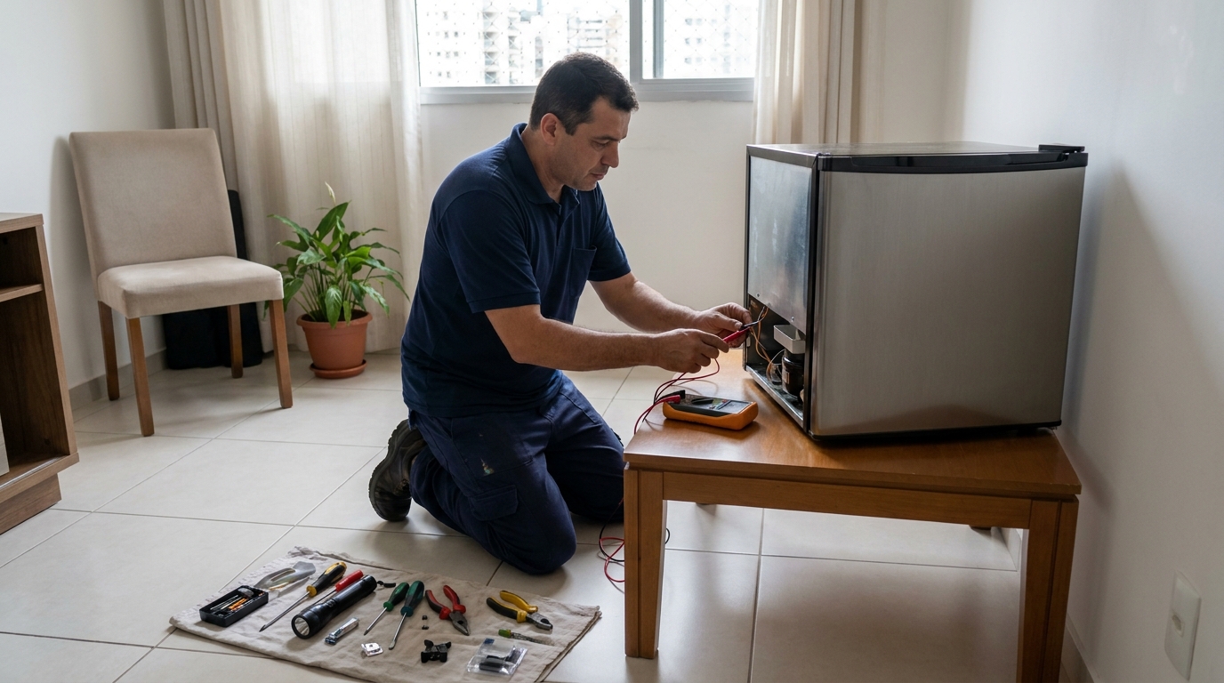 Técnico fazendo manutenção do motor de frigobar em Passo Fundo‑RS