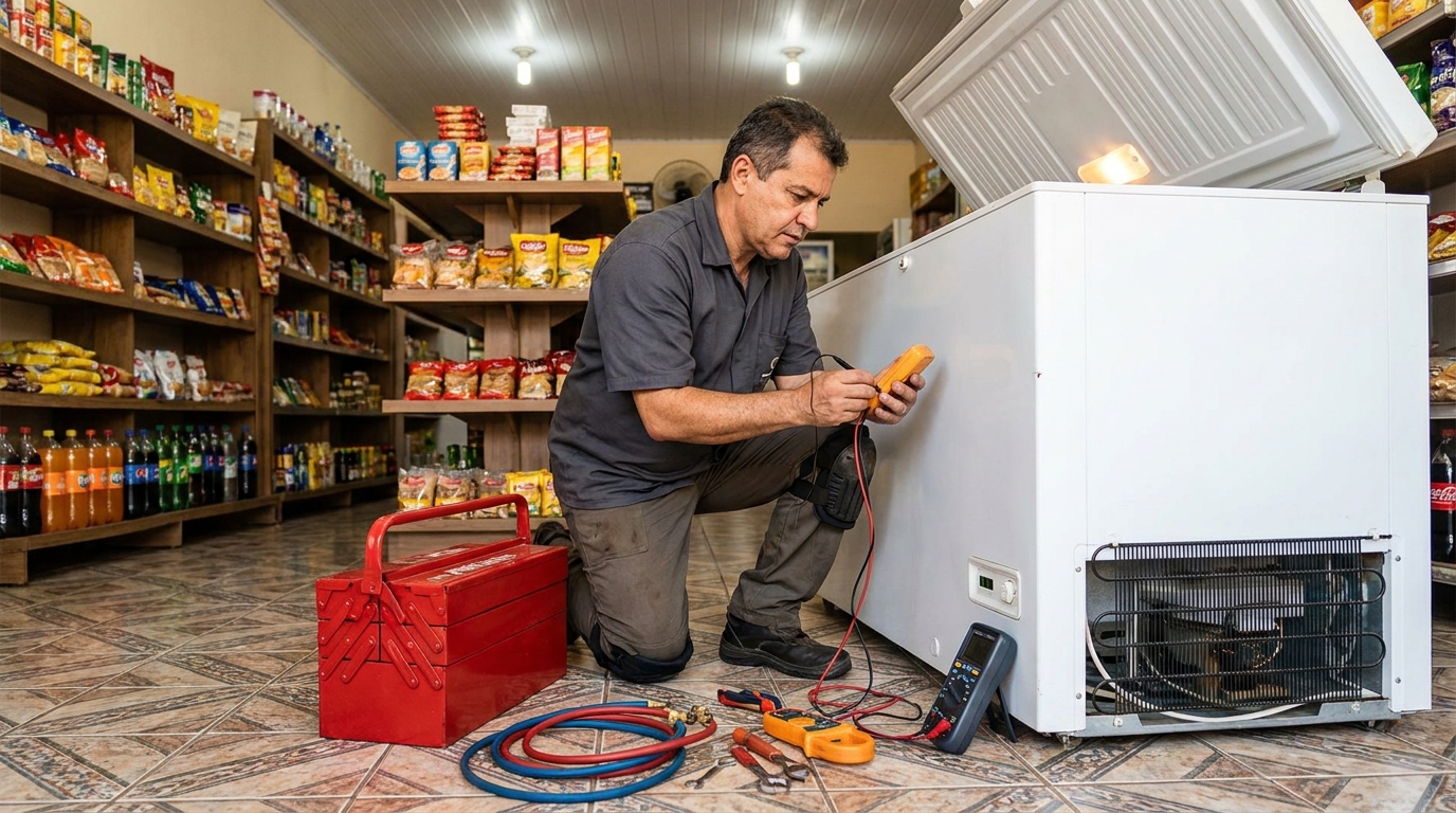Recarga de gás refrigerante no freezer durante atendimento em Passo Fundo‑RS